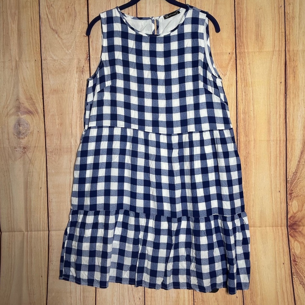 PrettyGarden Gingham Dress Women Medium Blue Tiered Babydoll Coastal Cottagecore